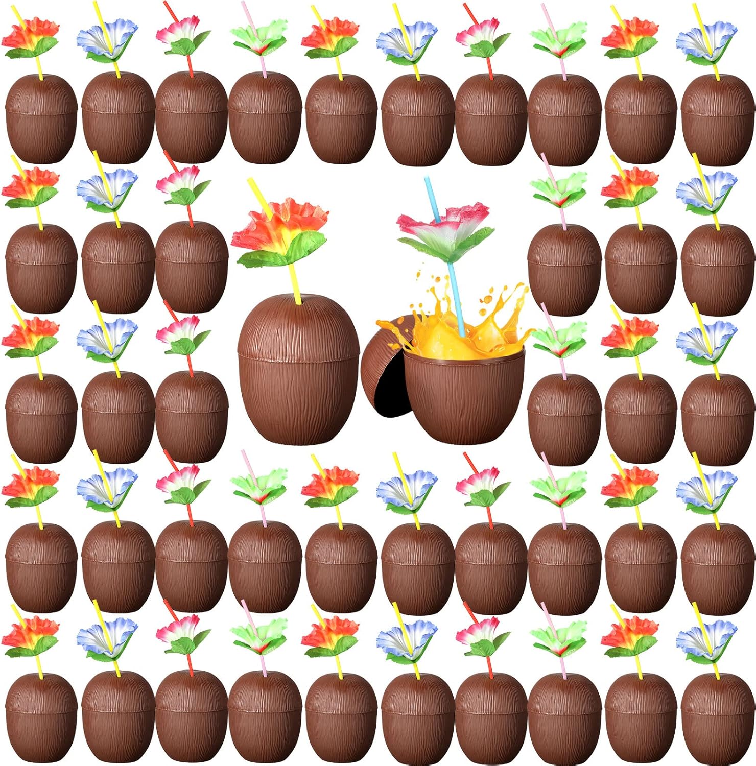 Qunclay 100 Pieces Coconut Cups with 100 Hibiscus Flower Straws Plastic Hawaii Party Cups for Hawaiian Luau Beach Theme Party Drink Decorations(80 Pieces)