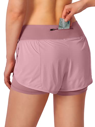 Women's 2 in 1 Running Shorts High Waisted Spandex Shorts Gym Yoga Workout Athletic Shorts for Women with Zipper Pockets