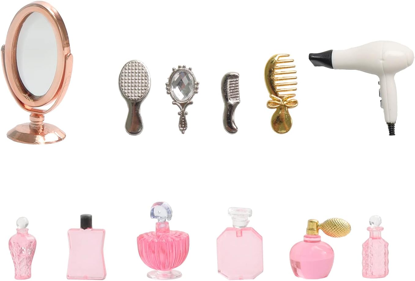 1/12 Scale Miniature Bathroom Accessories Kit Mini Plastic Hair Dryer Brush Comb Mirror Perfume Bottles Set for Mini House Bedroom Decoration,Set A