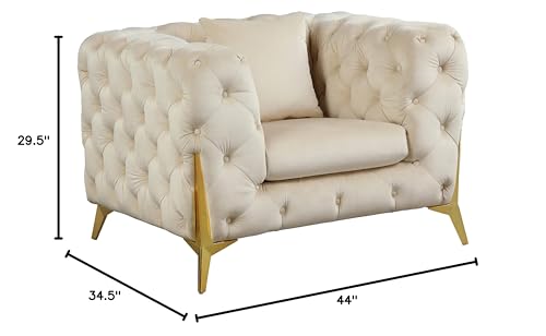 Meridian Furniture Kingdom Collection Velvet Upholstered Chair with Deep Button Tufting & Sturdy Gold Metal Legs, Cream