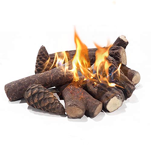 Gas Fireplace Logs Set of 9, Fireplace Logs Ceramic Wood Decoration for Gas Ethanol Firewood Log Set Hand Crafted Pine Cone Wood Use in Indoor, Outdoor