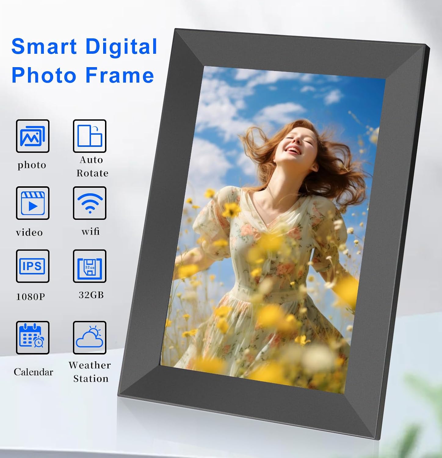 FRAMEO 10.1 Inch WiFi Digital Picture Frame,Digital Frame Built-in 32GB Storage,1280x800 HD,Touch Screen,Wall Mountable,Auto-Rotate,Share Photos/Videos Instantly from Anywhere