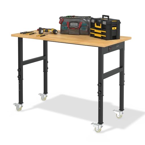 Work Bench, Mobile Adjustable Work Table Rolling, Workbench Shop Table Over 2000 lbs with Drawers&Storage, Woodportable Workbench for Garage, Shop (60