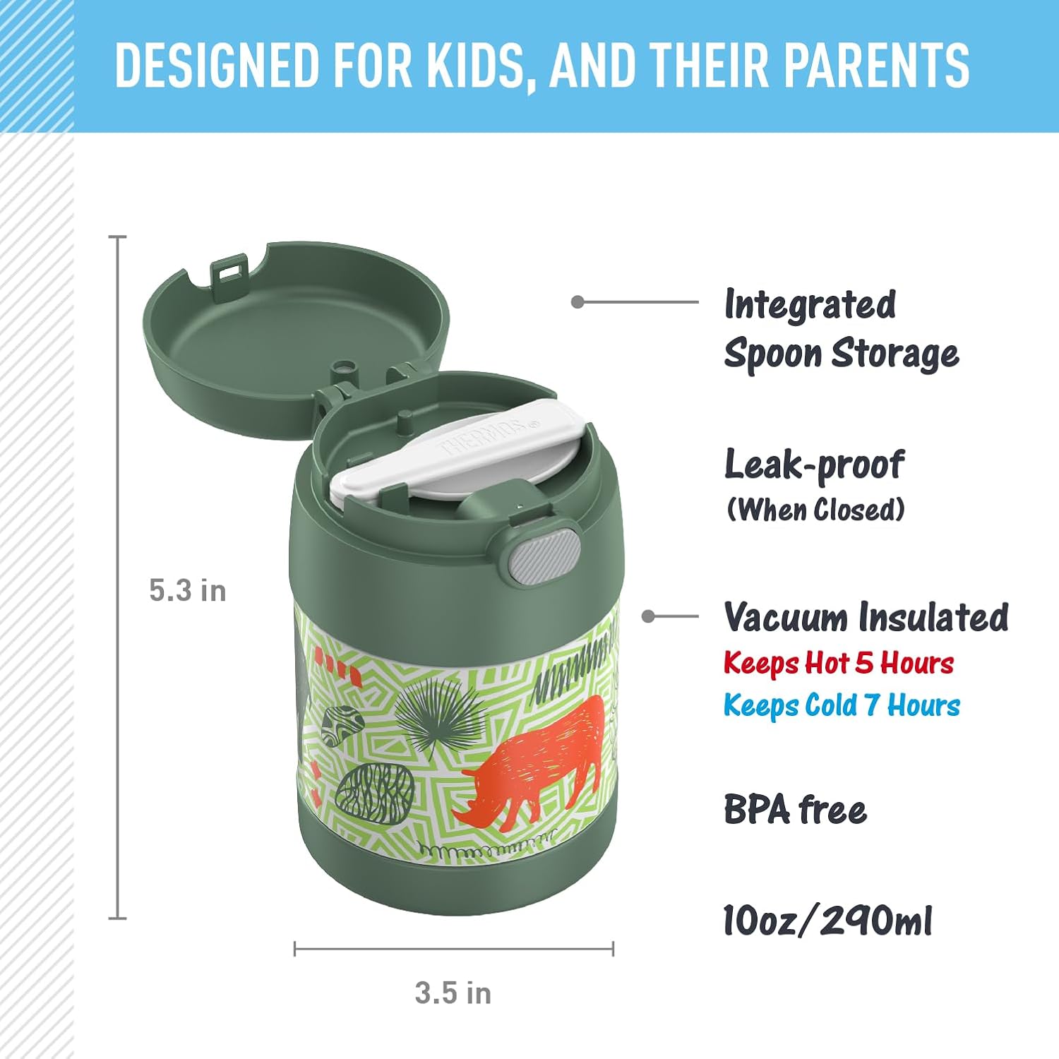 THERMOS FUNTAINER Insulated Food Jar – 10 Ounce, Jungle Kingdom – Kid Friendly Thermos Food Jar with Foldable Spoon