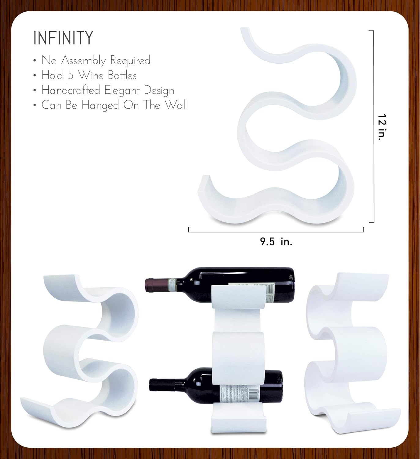 CoTa Global Infinity Contemporary Bottle Wine Rack - 5 Wine Bottles White Wooden Wine Rack, Freestanding Floor Wine Holder, Liquor Bar Shelves, Contemporary Wine Storage Shelf Organizer Home Decor
