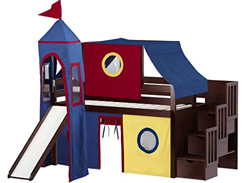 JACKPOT Castle Low Loft Stairway Bed with Slide Blue & White Tent and Tower, Loft Bed, Twin, Gray