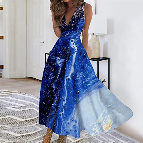 Womens Dresses Wrap V Neck Flowy Ruched Beach Dress Floral Print Sleeveless Boho Dress Trendy Maxi Dress