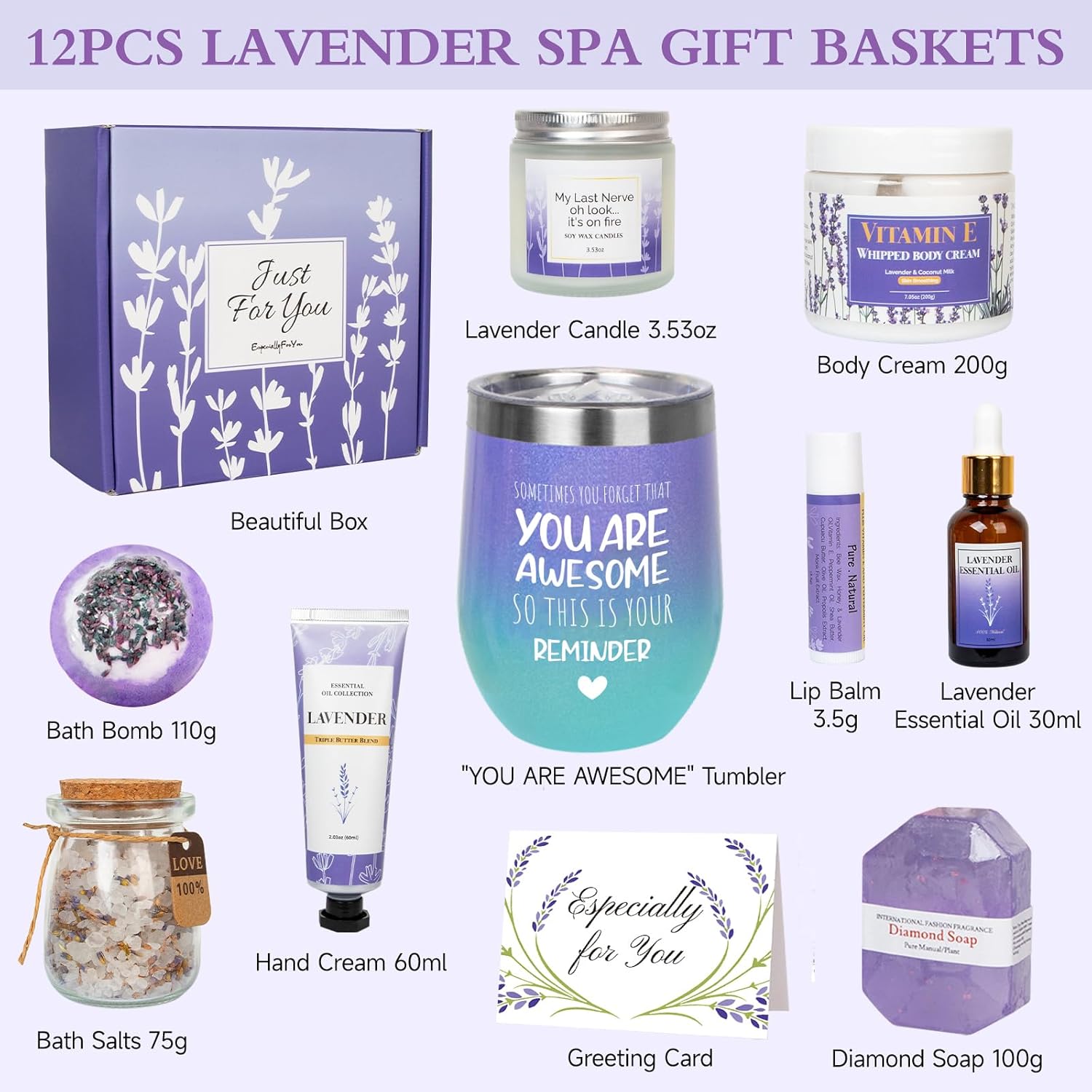 Lavender Gifts for Women - Care Package Relaxing Gifts - Lavender Spa Gifts Set, Self Care Gift for Women, Gift Baskets for Women Her Friend Sister Mom Wife, Mother Day Lavender Gift Basket Ideas