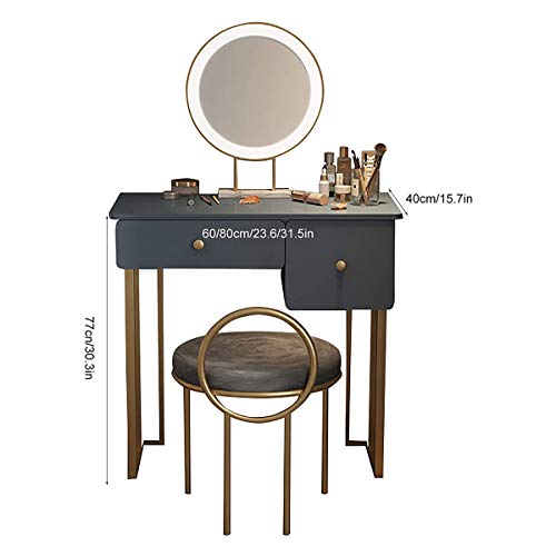 Vanity Table Set with Lighted LED Touch Screen Dimming Mirror Mini Makeup Dressing Table Furniture with 2 Sliding Drawers 1 Cushioned Stool for Bedroom Bathroom 60CM