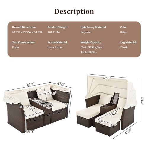 6-Pieces All Weather PE Wicker Sofa Set, Modular Rattan Outdoor Patio Furniture Sets with Double Cushions,Wicker Patio Conversation Set for Backyard, Deck, Poolside,6 PCS Beige