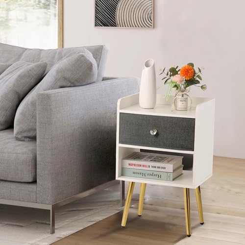 White Nightstand with Drawer, Bedside Table End Tables Living Room, Fabric Cabinet Storage with Sliding Drawers and Shelf for Home Office