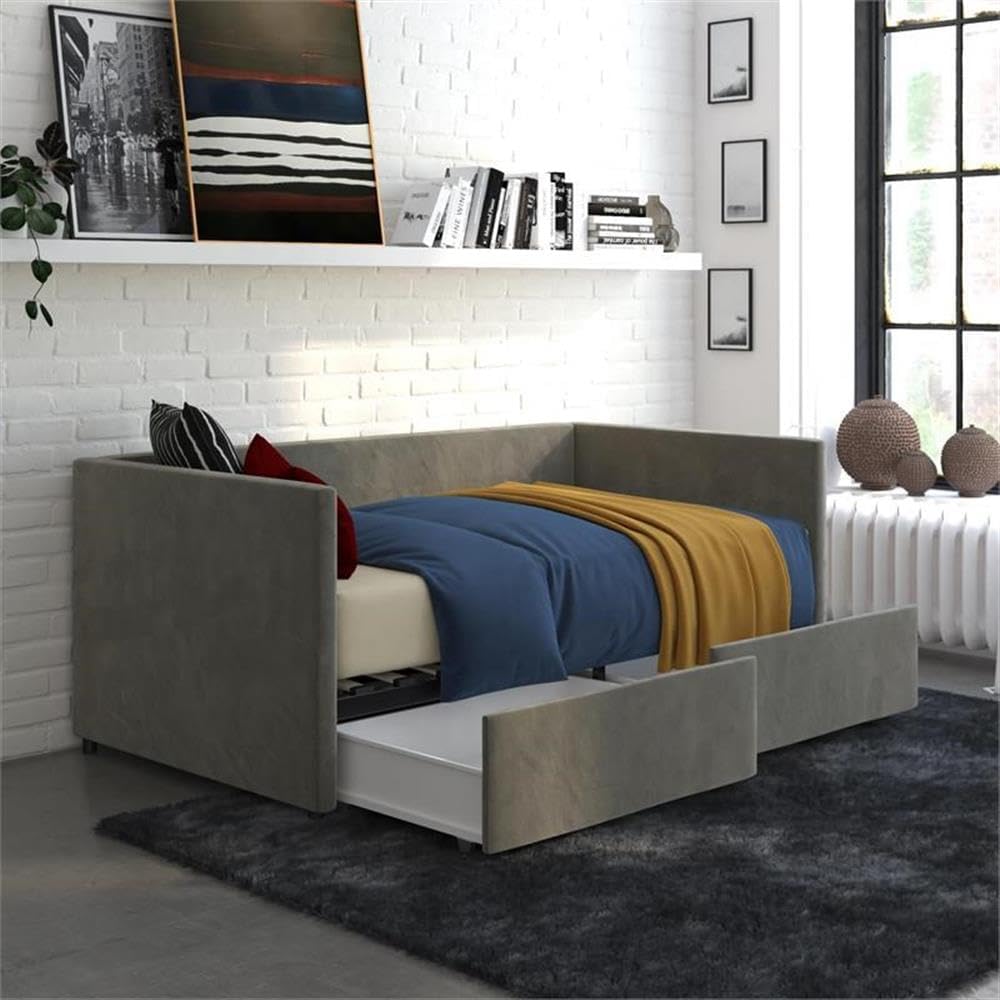 Pemberly Row Modern Velvet/Robust Wood Twin Daybed with Storage in Gray