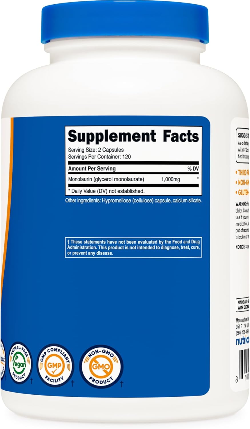 Nutricost Monolaurin 1000 mg (120 Servings, 240 Capsules) - Gluten-Free, Non GMO, Vegan