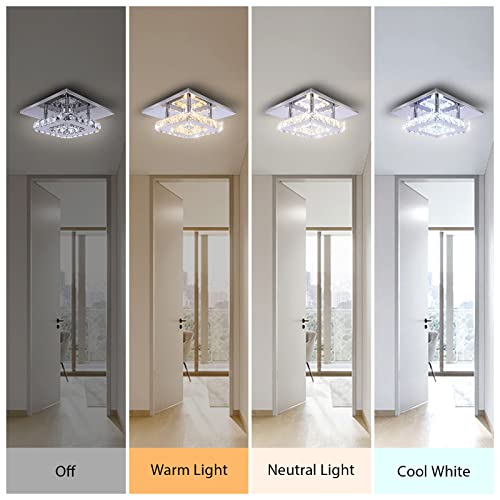 Modern Crystal Chandelier 7.9 Inches Led Ceiling Light Mini Square Flush Mount Ceiling Light for Bedrooms Dinning Rooms Hallway(Changeable Color,15W)