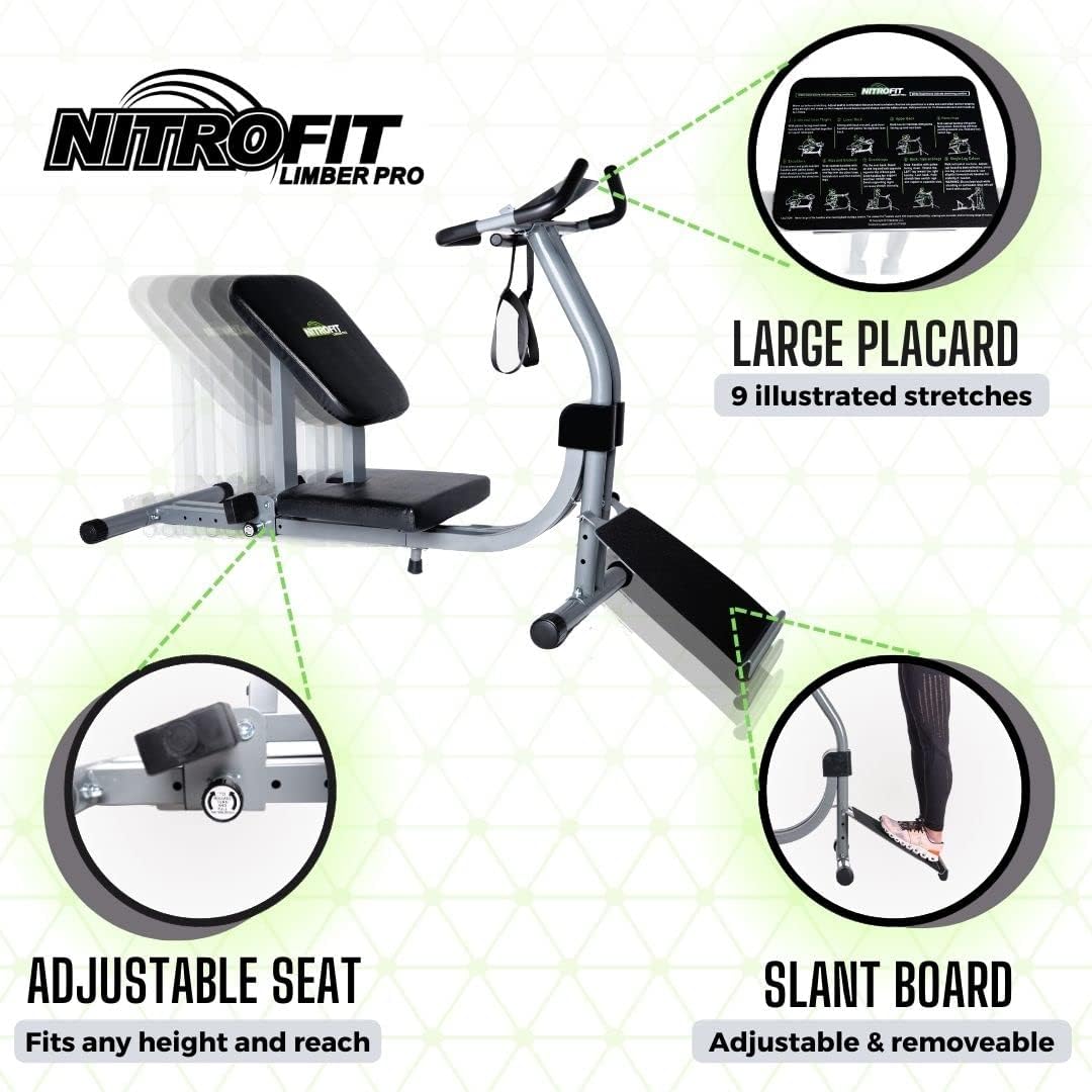 Full Body Stretching Machine Nitrofit Limber Pro. Only Stretch Machine with Adjustable Sliding Seat & Slant Board. Stretch Training Video included. Great for Spinal Decompression, Improving Flexibility, Mobility, Muscle Pain Relief for back, Home Gym