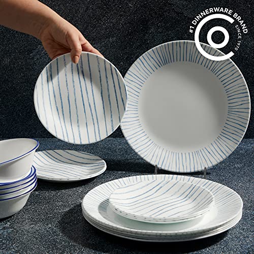 Corelle Vitrelle 18-Piece Service for 6 Dinnerware Set, Triple Layer Glass and Chip Resistant, Lightweight Round Plates and Bowls Set, City Block