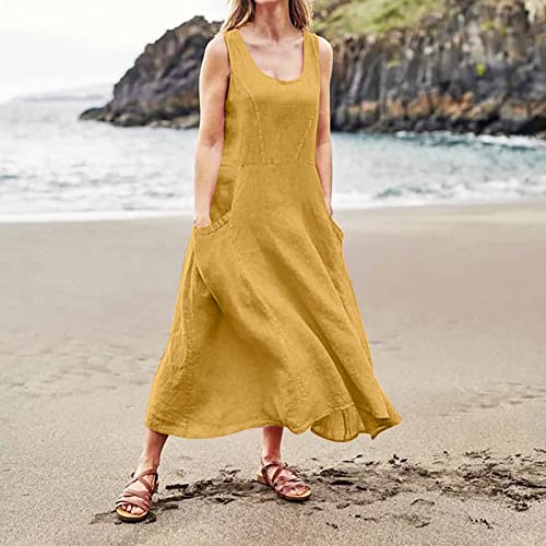 Women 2024 Summer Tank Dress Sleeveless U Neck Printed/Solid Boho Beach Shirt Maxi Flowy Linen Cotton Dresses with Pocket