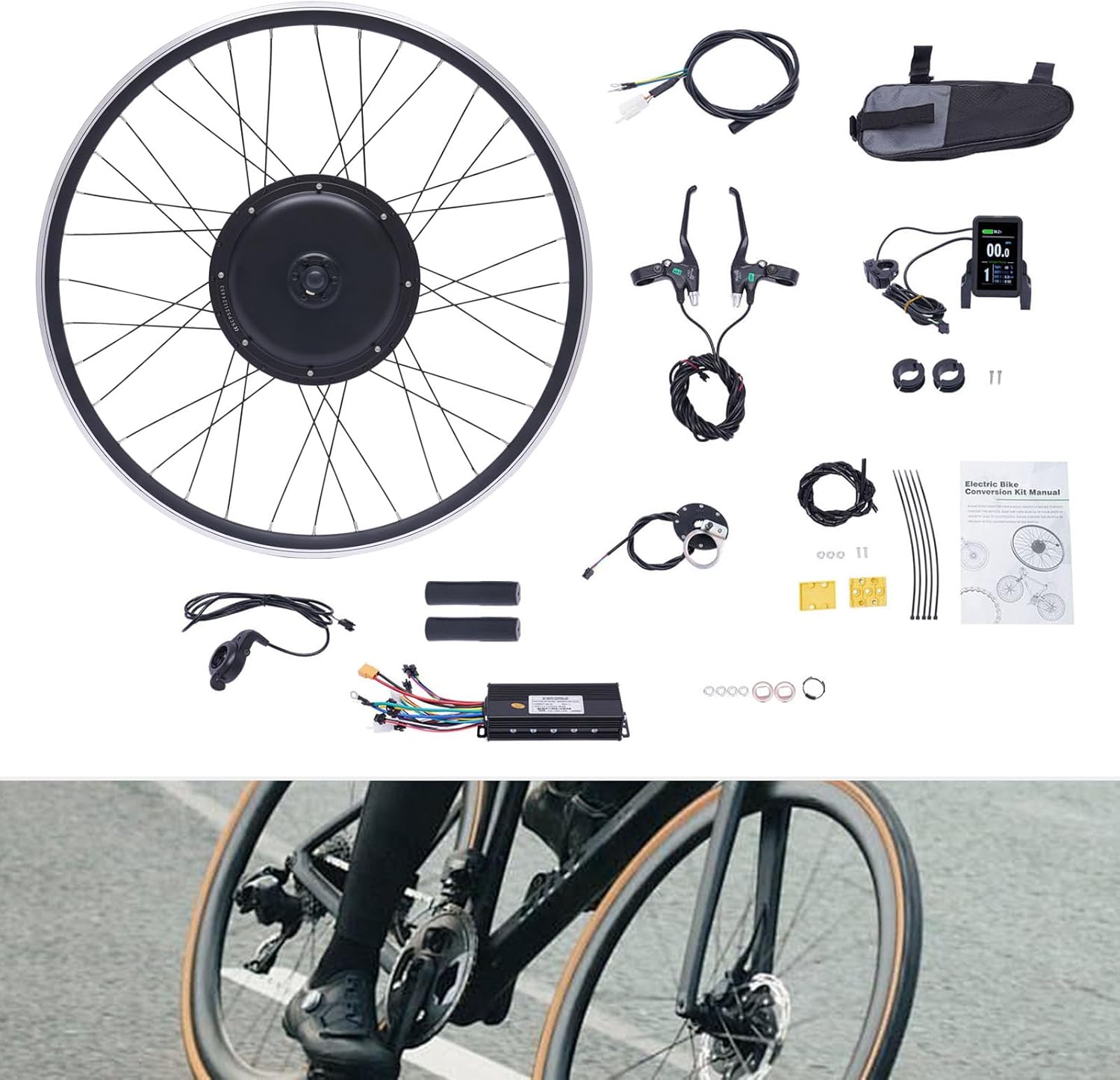 Electric Bicycle Motor Kit 48V 1000W Front Wheel Powerful Motor E-Bike Conversion Kit w/Display 5 Gears Adjustment 45-55km/h Compatible with Universal Disc Brakes and V-Shaped Brakes