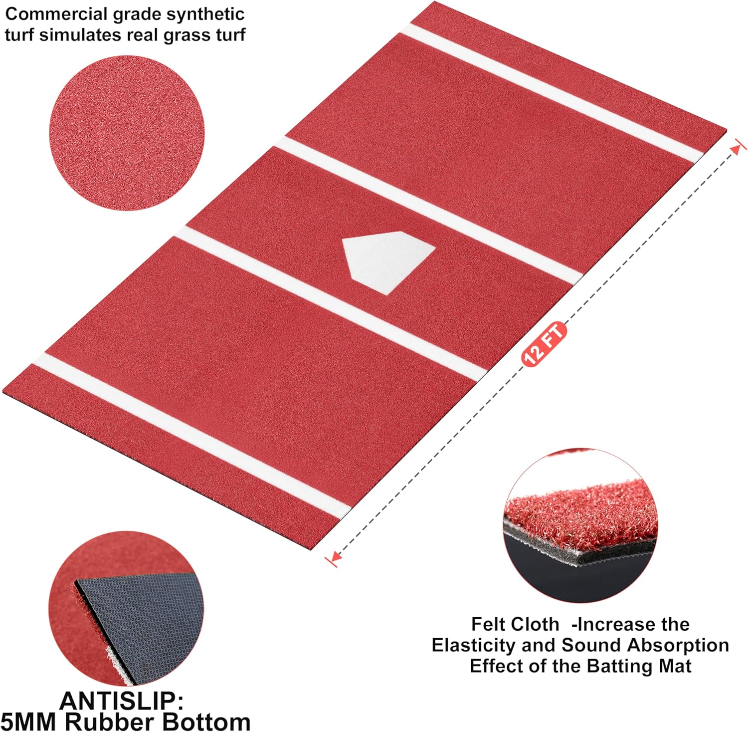 Heavy-Duty Baseball Batting Hitting Mat 12' x 6' Baseball Softball Turf Training Mat Regulation Size with Home Plate Non-Slip Bottom Thickening Design Suitable for Indoor and Outdoor Use