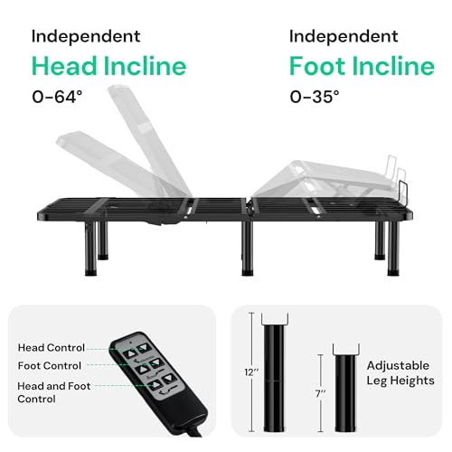 SunsGrove Twin XL Adjustable Bed Frame with Head and Foot Incline, Electric Bed Frame Base, Adjustable Leg Heights, Wired Remote