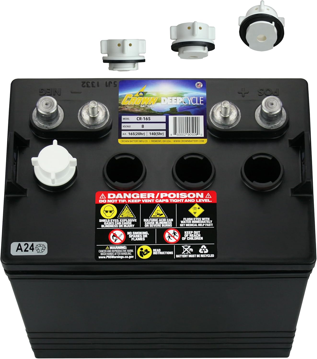 Crown CR-165 8V Deep-Cycle Flooded Battery replaces Trojan T-875 X4