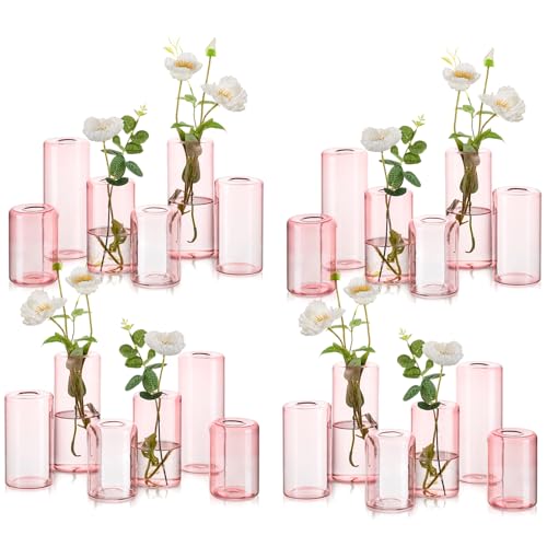 Small Glass Bud Vases for Centerpieces – Hewory 12pcs Pink Blown Single Flower Vases Bulk, Modern Mini Cylinder Vase Set for Wedding Anniversary Birthday Party Events Home Living Room Table Decor