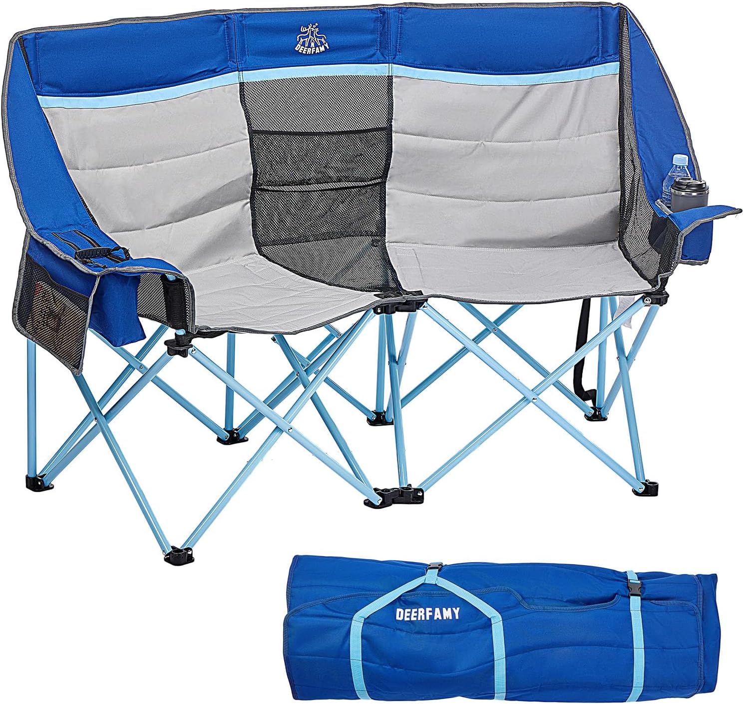 DEERFAMY Double Camping Chair for Adults, Breathable Folding Camping Chair with Cooler Bag and Insulated Cup Holders for Outdoor Travel Picnic, Portable Loveseat for 2/3 Person