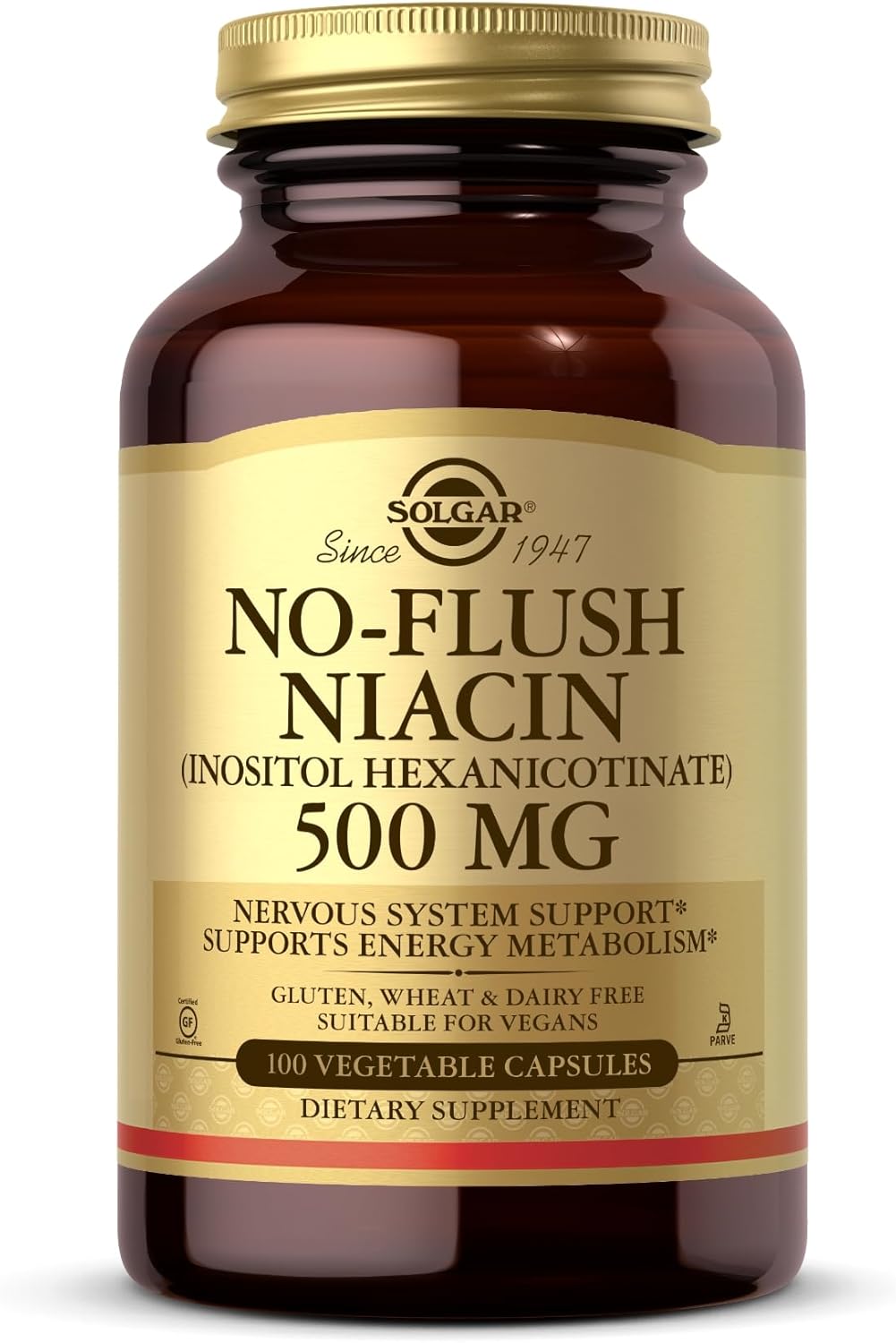 SOLGAR No-Flush Niacin 500 mg - 100 Vegetable Capsules - Supports Energy Metabolism & Nervous System - Vegan, Gluten & Dairy Free, Kosher - 100 Servings