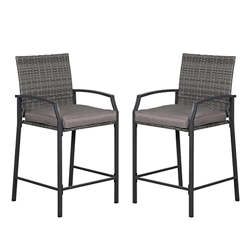 JOIVI Outdoor Wicker Bar Stools Set of 4, Patio Rattan Counter Height Chairs with Cushions, Armrest and Footrest for Indoor, Garden, Poolside, Lawn, Backyard