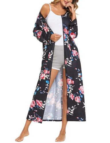 Ekouaer Women Long House Coat Zipper Front Robes Full Length Nightgowns with Pockets Striped Loungewear S-4XL