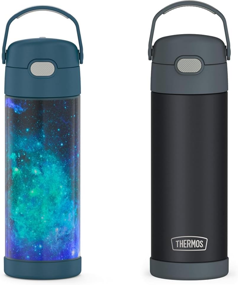 THERMOS FUNTAINER 16 Ounce Galaxy Teal & Matte Charcoal Stainless Steel Vacuum Insulated Water Bottles with Spout Lid 2-Pack