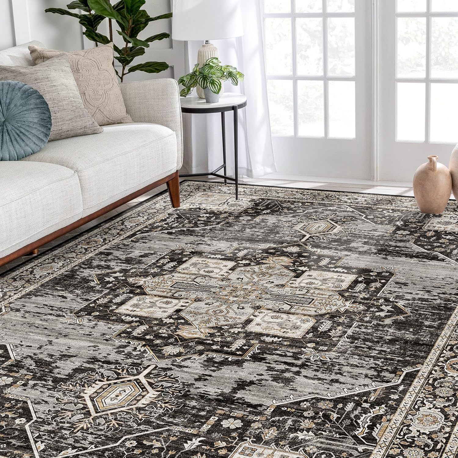 Washable 5x7 area rugs - Large Rugs for Living Room Stain Resistant Carpet Vintage Rugs for Bedroom with Non Slip Backing Home Decor Floor Decoration Mat (5x7 Black)