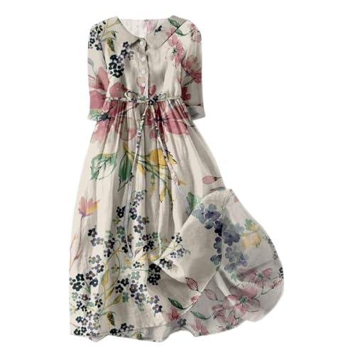 Womens Summer Dresses Boho Floral Lapel Neck Button Casual A-Line Lace-Up Dress Vacation Beach Flowy Long Dress