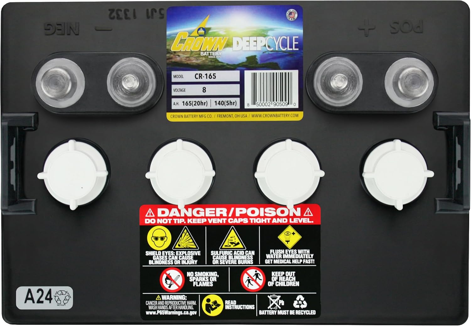 Crown CR-165 8V Deep-Cycle Flooded Battery replaces Trojan T-875 X4