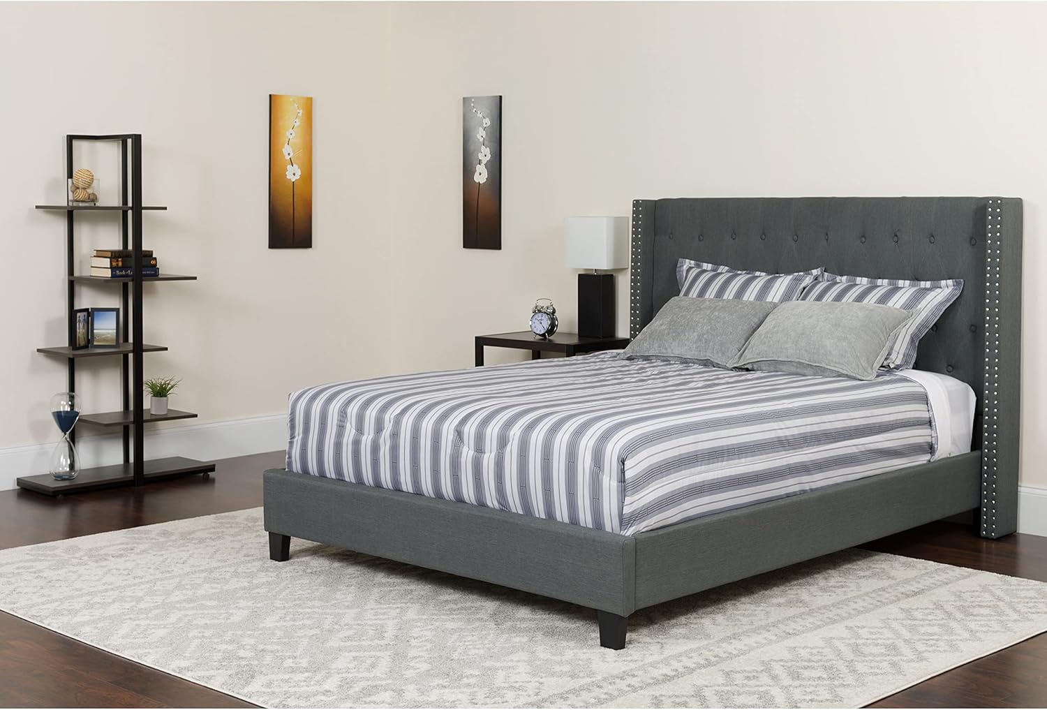 Flash Furniture Riverdale Queen Size Tufted Upholstered Platform Bed in Dark Gray Fabric with Pocket Spring Mattress