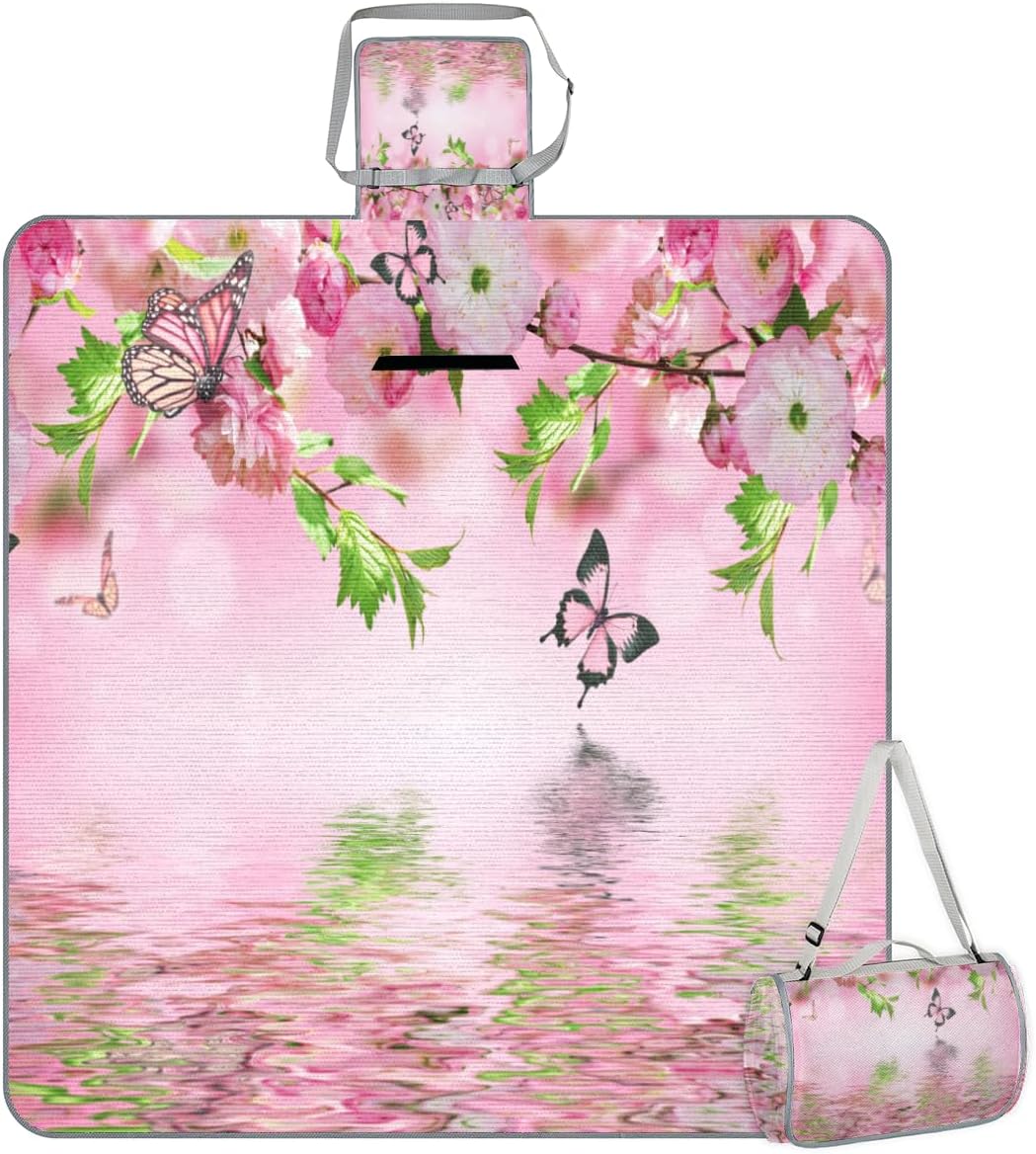Picnic Blankets 57”x 59”, Colorful Butterfly Cherry Blossoms Waterproof Sandproof Picnic Mat Lightweight Foldable Beach Blanket for Camping Park Grass Beach Outdoor Blanket