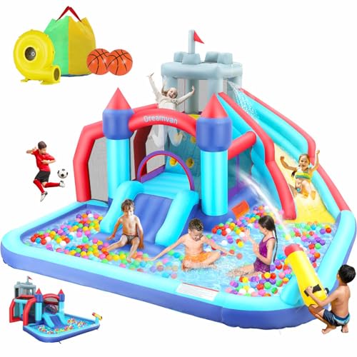 Inflatable Water Slide, 10 in 1 Bounce House Water Park with 580W Blower Climbing Wall, Splash Pool, Cannon, Jump Area, Basketball Hoop, Ball Gate, Water Slides Kids Bouncy Castle for Backyard Fun