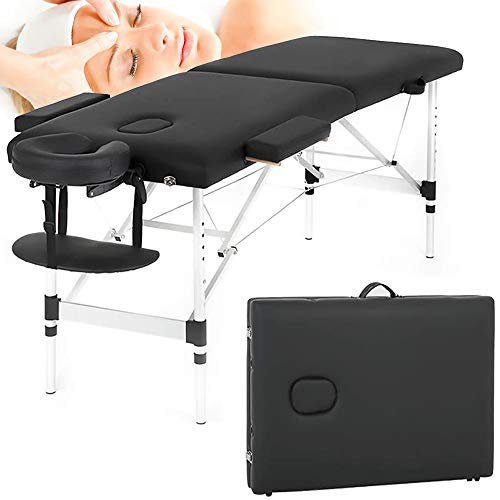 Massage Table Portable Foldable 73 Inch Height Adjustable 2 Fold Lash Bed For Eyelash Extensions with Aluminium Legs, Face Cradle, Carry Case Tattoo Table Facial Bed, Hold Up To 450lbs, Black