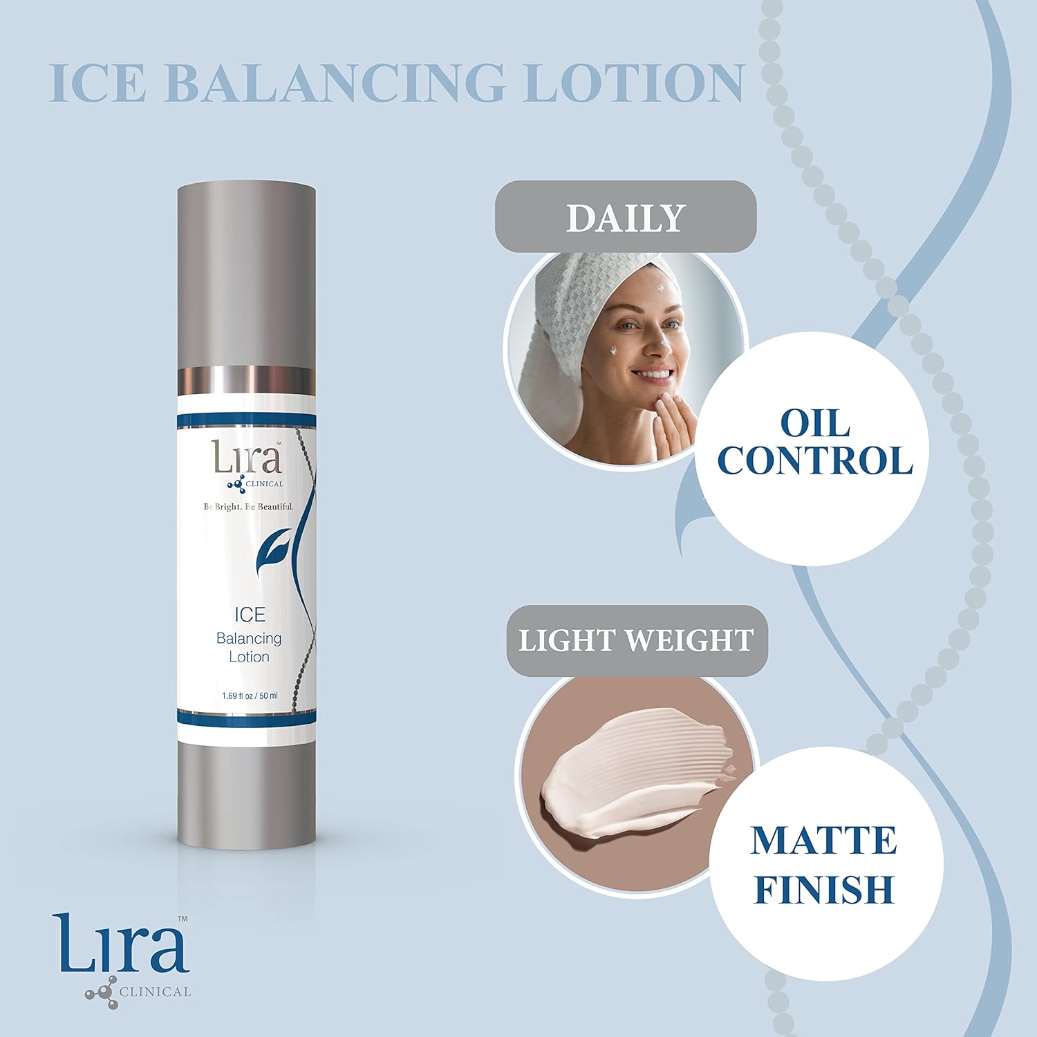 Lira Clinical Ice Balancing Lotion - Daily Oil Control Lotion & Lightweight Hydration with Skin Probiotics, Salicylic Acid & Plant Stem Cells - Brightens & Hydrates Skin with Matte Finish - 1.69 fl oz