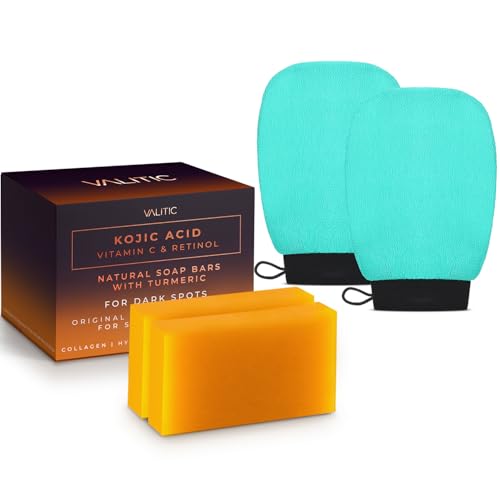 VALITIC 4 Pack Kojic Acid Vitamin C & Retinol Soap Bars for Dark Spot & A Pair Of Turquoise Exfoliating Gloves for Body Scrubs