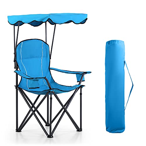 Camping Chairs with Shade, Foldable Canopy Chair, Folding Camping Shade Chair for Outdoor, Camping, Patio, Support 350 LBS, Blue