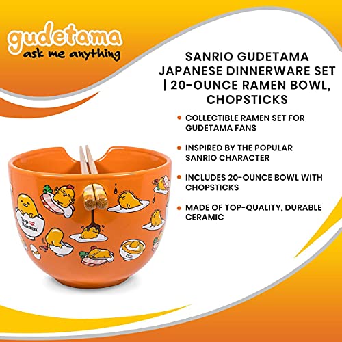 Silver Buffalo Sanrio Gudetama x Nissin Top Ramen Japanese Ceramic Dinnerware Set | Includes 20-Ounce Ramen Noodle Bowl and Wooden Chopsticks