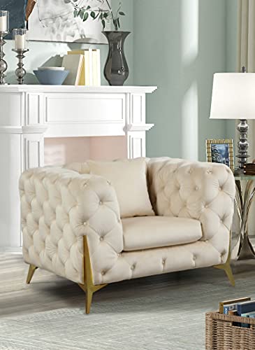 Meridian Furniture Kingdom Collection Velvet Upholstered Chair with Deep Button Tufting & Sturdy Gold Metal Legs, Cream
