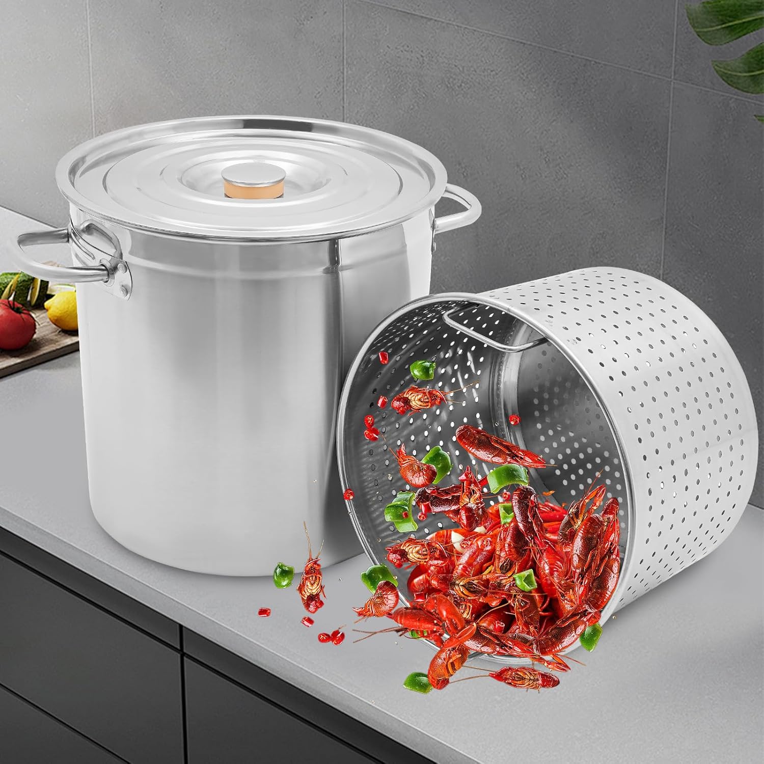 37 QT Stainless Steel Stock Pot w/Basket - Large stock pot with lid, Heavy Kettle, Cookware, Outdoor Cooking Pot for Crab Lobster Shrimp Boiling