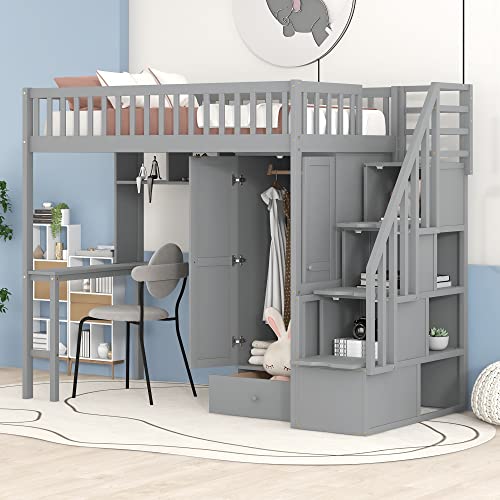 RUNNA Delicate Wood Twin Size Loft Bed with Built-in Desk,Bookshelf and Wardrobe,Drawers and Storage Stairs,for Kids Boys Girls Teens Adults Bedroom (White@W)