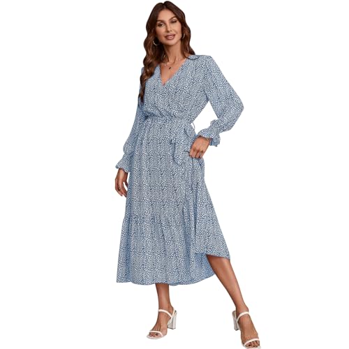 IDOPIP Women Floral Ruffle Midi Dress Elegant Boho V Neck Elastic Cuff Sleeve Casual Dress Summer Spring Wedding Party Outfit