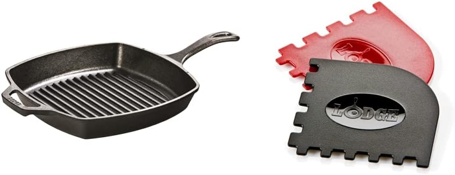 Lodge L8SGP3 Pre-Seasoned Cast-Iron Square Grill Pan and Grill Pan Scraper Bundle