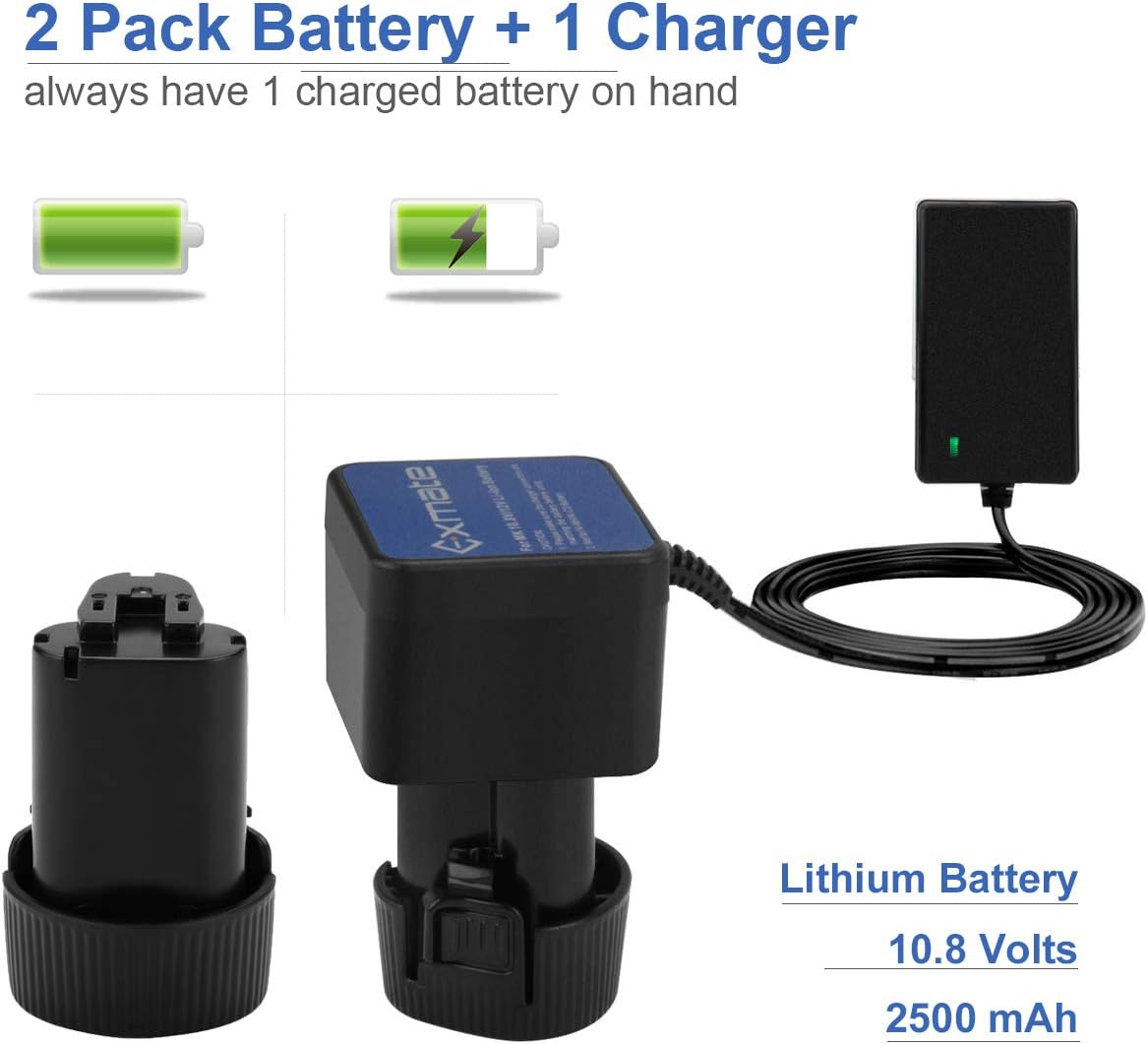 Exmate 2Pack 10.8V 2.5Ah Li-ion Replacement Battery with 10.8V-12V Li-ion Battery Charger Compatible with Makita BL1013 Makita BL1014 194550-6 194551-4 195332-9 Cordless Power Tool