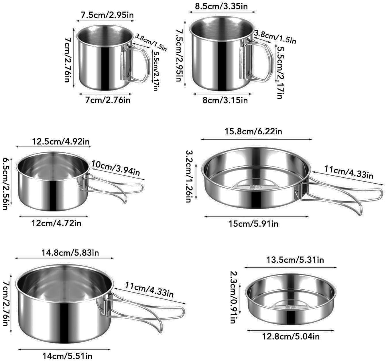 Stainless Steel Cookware Set,6PCS Portable Cookware Set Rapid Heating 304 Stainless Steel Efficient Easy to Cleanse Multifunctional Tableware