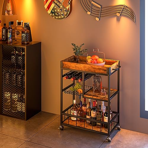 Bar Cart White Marble 3 Tiers Removable Storage Tray with Wine Rack & Wine Glasses Holder,Rolling Beverage Cart,Mobile with Handle, Wood & Gold Steels Home Kitchen Shelf for Party